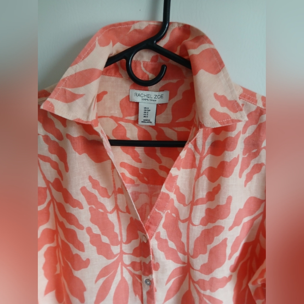 Rachel Zoe 100% Linen Orange Leaf Print Blouse SzSm Oversized Roll Tab Sleeve - Picture 9 of 9